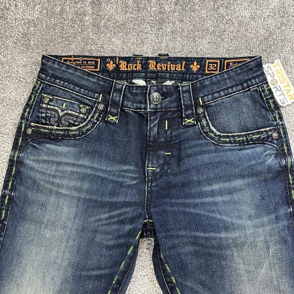 Rock Revival Jeans Mens 32x33 Blue Kirk Side Alt Straight Distressed Stitch - Picture 3 of 15